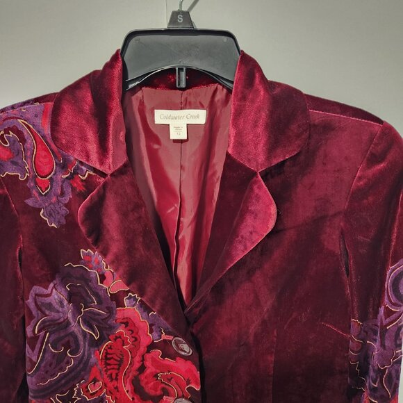 Coldwater Creek Velvet Style Rich Burgundy Color Floral Blazer Jacket - Size 12 - Picture 3 of 11